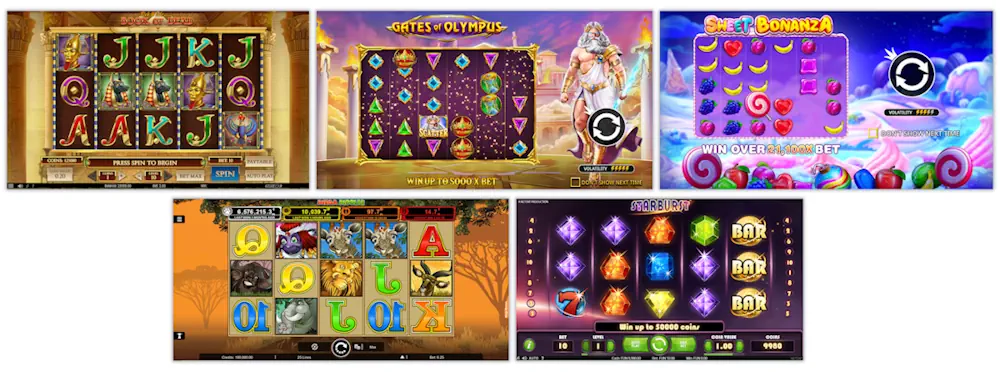 Slots Book of Dead, Gates of Olympus, Sweet Bonanza, Mega Moolah  and Starburst Screenshot